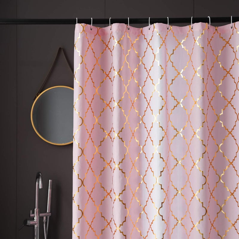 FINECITY Geometric Shower Curtain Set - Metallic Gold Foil Moroccan Lattice Pattern Printed on Soft Fabric Grommet Top Shower Curtain with 12 Hooks, 72 x 72 Inch, Pink and Gold - Image 2